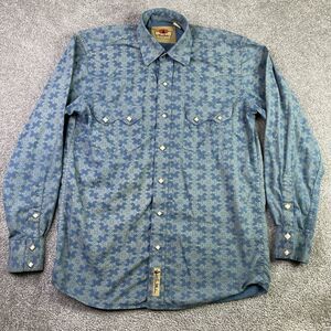 Larry Mahan Shirt Men’s Small Blue Damask Pearl Snap Long Sleeve Western Cowboy